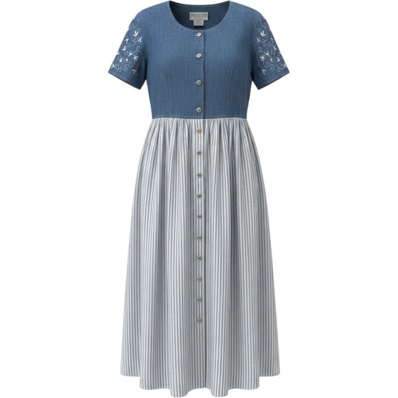 Plaza South Dresses & Skirts - Vintage Embroidered Denim Striped Midi Dress Cottagecore Women 14P Blue